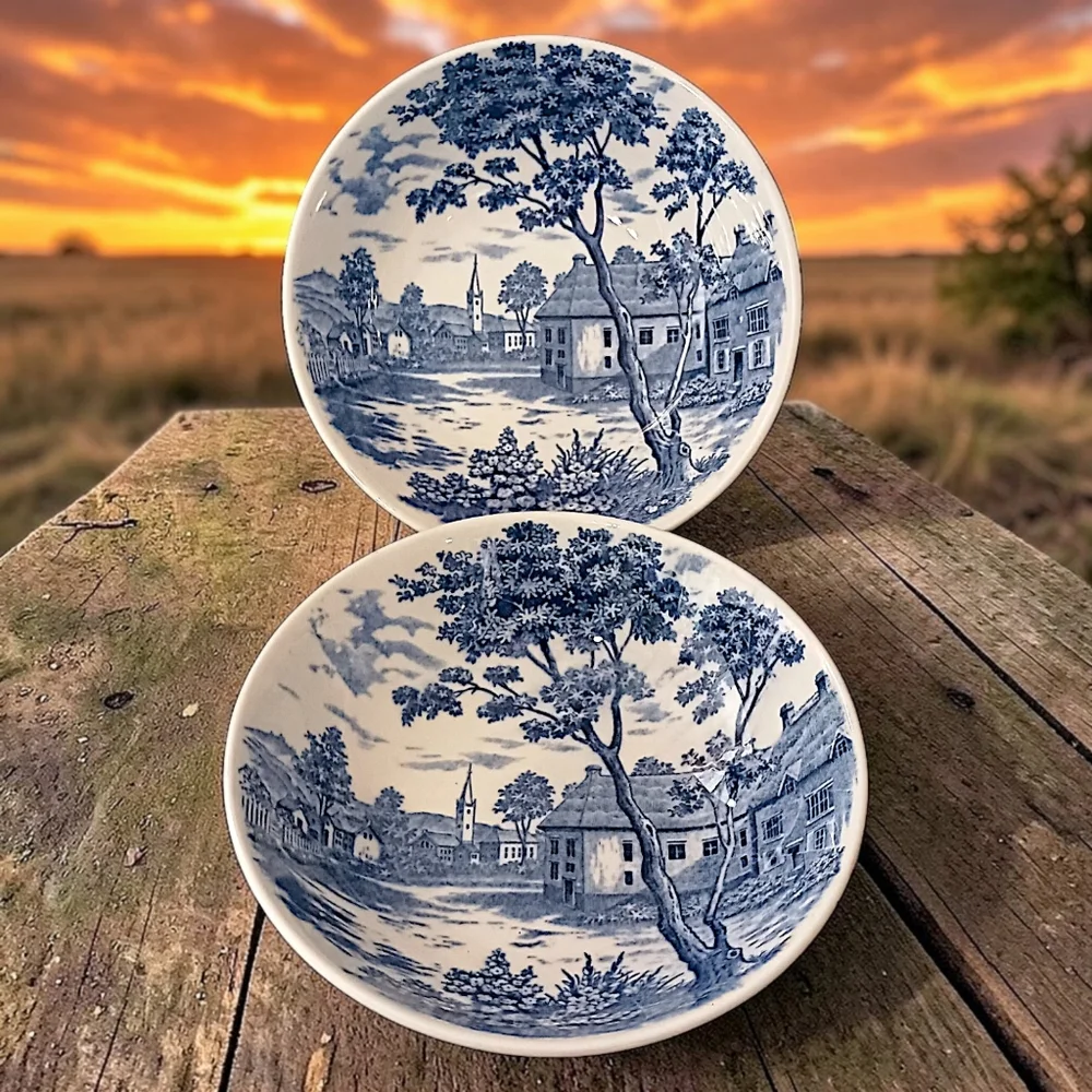 2 Holmar English Village Bowls Set Soup Cereal‎ Berry Blue White Vintage Japan